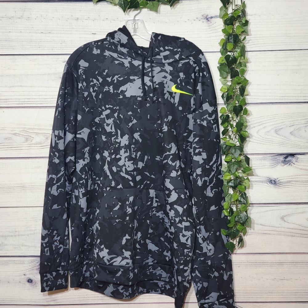 EUC! Nike Men's Abstract Therma Fit Pullover Hoodie black w neon green XXL